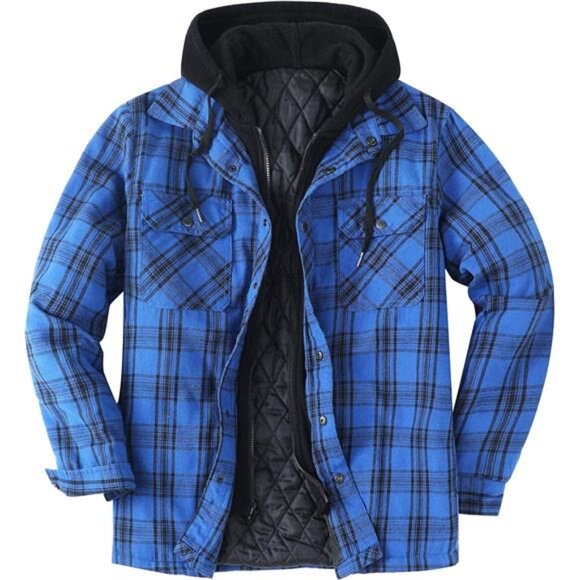 Men's Thicken Plaid Hooded Flannel Shirt Jacket Blue - Picture 1 of 1